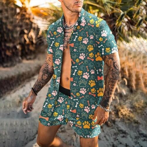 Summer New Mens Short-sleeved Fashion Suit 3D Flame Love Pattern Casual Beach Pants + Short-sleeved Shirt Mens Loose Suit