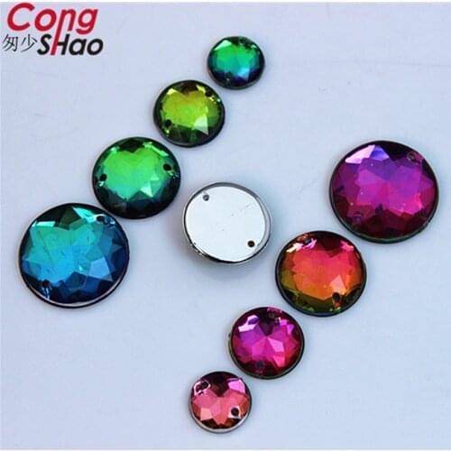 Cong Shao Round Rainbow color stones and crystals flatback Acrylic Rhinestone applique sewing 2 Hole DIY costume Button CS371