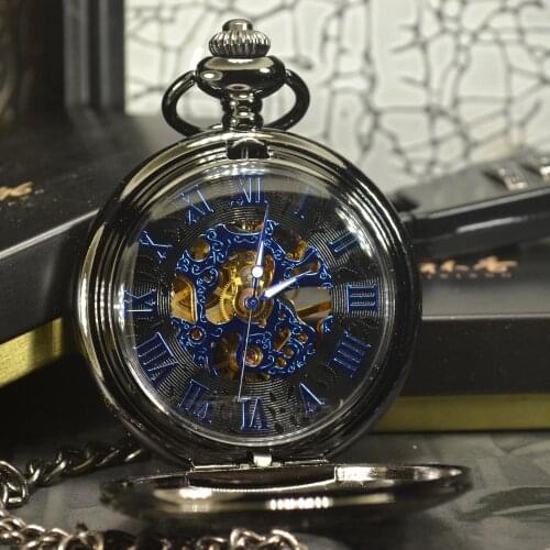TIEDAN Blue Steampunk Skeleton Mechanical Pocket Watch Men Antique Luxury Brand Necklace Pocket & Fob Watches Chain Male Clock