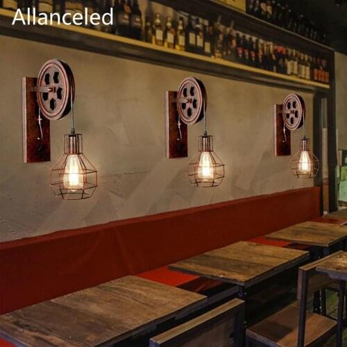 E27 Wall Lamp Lifting Pulley Home Corridor Living Room Restaurant Rustic Iron Loft Cafe Adjustable Sconce Light Retro Industrial