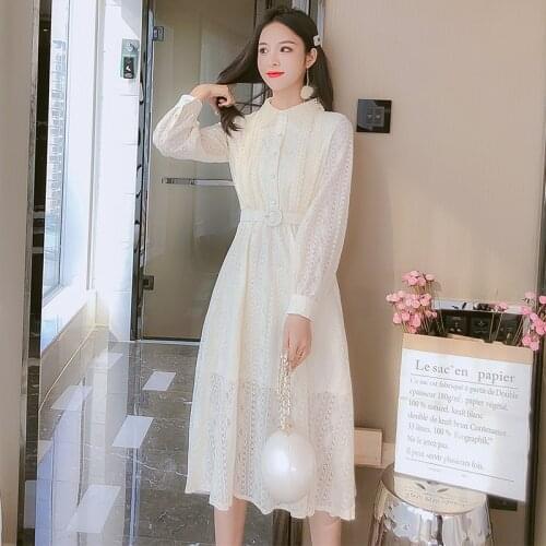 New Fashion Women Korean Elegant Lace-Up Chic Hook Flowers Dress Ladies Sweet Gentle All-Match Long Dresses