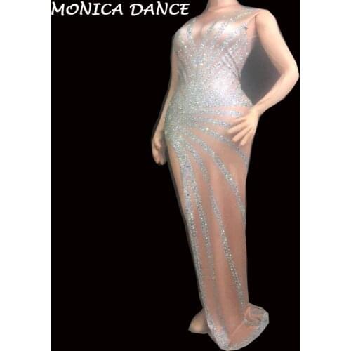 Nightclub Stage Female Singer Rhinestones Clothes Glisten Stones Stretch Long Dress Birthday Prom Celebrate Outfit Diamond Dress