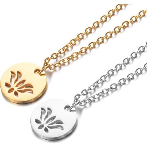2019 316L Stainless Steel Hollow Out Lotus Flower Pendant Necklace Gold Steel Tone Round Disc Coin Charm Long Chain Necklace