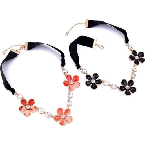 Bulk Price Black & Orange Enamel Crystal Flowers Necklace 2017 New Black Ribbon Choker Necklace For Women Jewelry