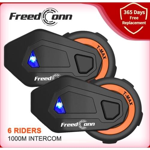 Freedconn Group Talking TMAX-E 1000M 6 Riders Bluetooth Group Motorcycle Intercom Helmet Headset with FM Radio Function