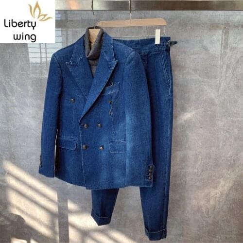 Autumn Winter Men Double Breasted Slim Blazer Zipper Jeans Two Piece Brand Fashion Lapel Denim Suit Jacket Casual Pants Set
