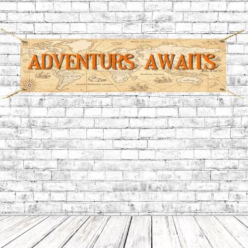 Adventures Awaits Theme Birthday Party Banners World Map Boy Birthday Banner Posters Background With Grommets Party Decors