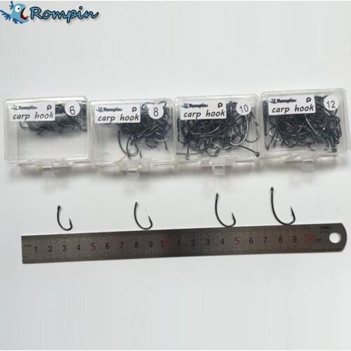 Rompin 50pcs/box high carbon steel barbed carp fishing hook with Hole Size # 6 #8 #10 #12 Fresh Water Carp Fishing Tackle
