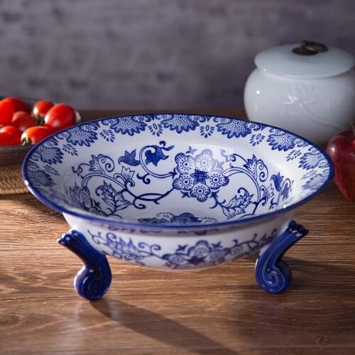 Blue and white ceramic three foot fruit dish fruit bowl Jingdezhen hand-painted ceramic decoration Home Furnishing ceramic dish