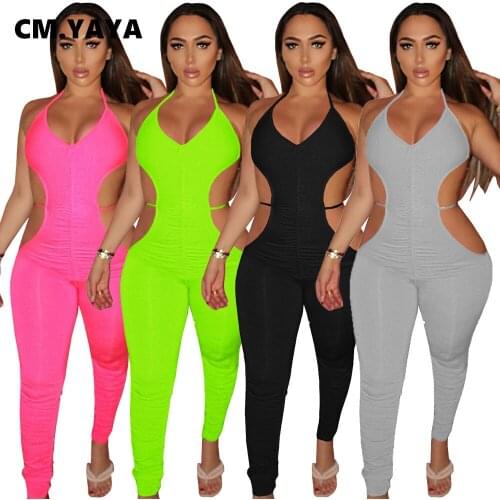 CM.YAYA Sexy Jumpsuit Solid Sleeveless Spaghetti Strap Halter Bandage Hollow Out V-neck Zip Sheath Elastic Jumpsuits Summer 2021