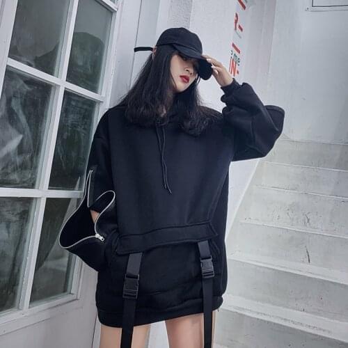 Deeptown Gothic Zip Up Hoodie Women Black Zipper Patchwork Sweatshirt Korean 2021 Zipper Solid Long Sleeve Tracksuit Streetwear