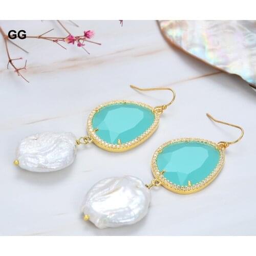 GuaiGuai Jewelry Natural Pearl Cultured White Keshi Pearl Green Cat eye Cz Paved Hook Dangle Earrings For Women