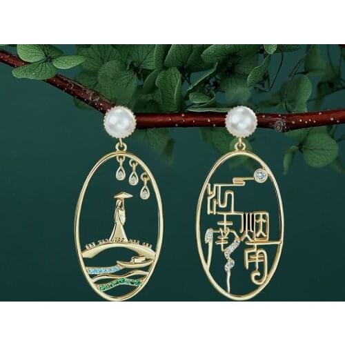 Chinese Style Jewelry Cute Charms Bridge Pavilion Asymmetry Earrings For Women 2021 New Accessories Creative