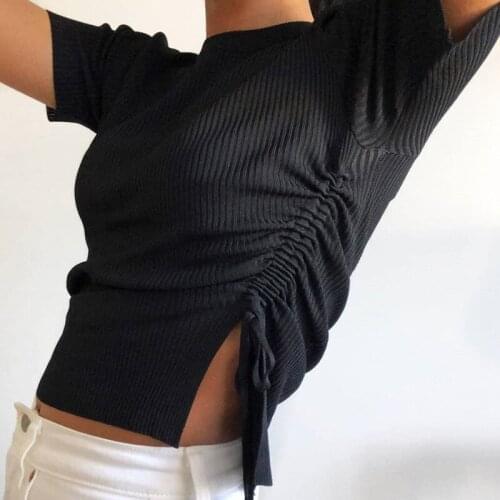 Womens new side pleated irregular bandage T-shirt thread exposed navel short-sleeved top