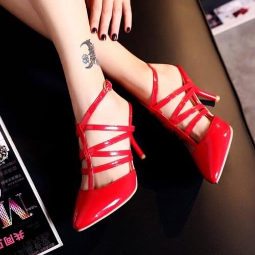 Sandals female fairy style summer new wild patent leather pointed toe hollow cross-strap high-heeled womens shoes