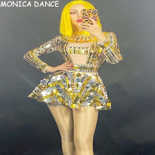 Women Sexy Stage Sparkly Silver Gold Rhinestone Sequin Bodysuit Skirt Birthday Celebrate Prom Outfit Women Dancer Costume Set