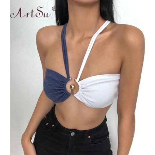 ArtSu Fashion Sexy Color Block Patchwork Women V-Neck Sleeveless Cropped Tops Blue Club Tank Top Streetwear Summer Crop Top