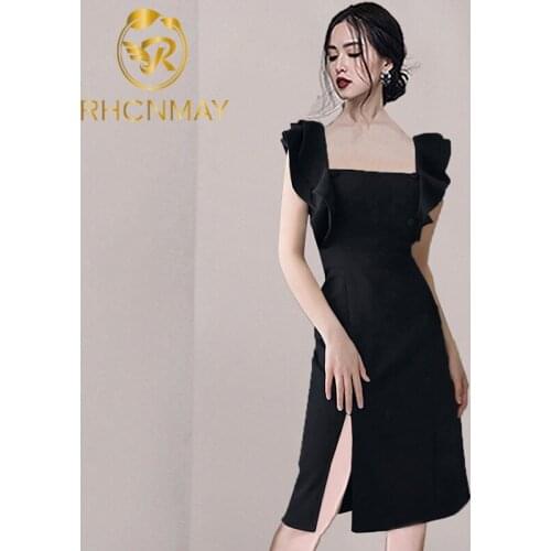 2020 New Women Sexy Black Black Split Dress Sheath Ruffles Butterfly Sleeve Bodycon Square Collar Lady Fashion Party Dress