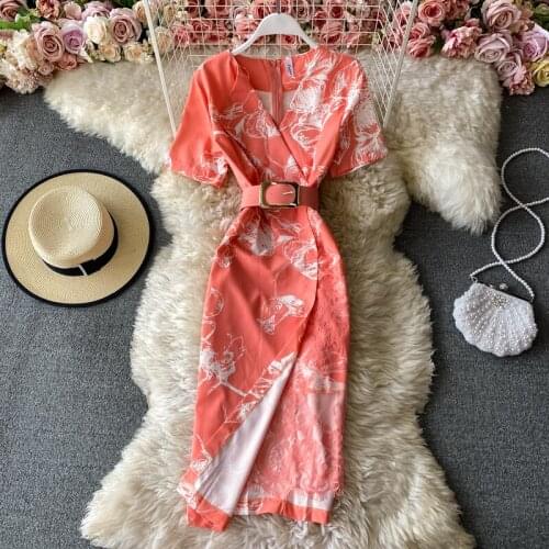 Summer New Style Korean Lace Stitching Temperament Slim Slimming V-neck Print Dress Temperament OL Bag Hip Dress UK846