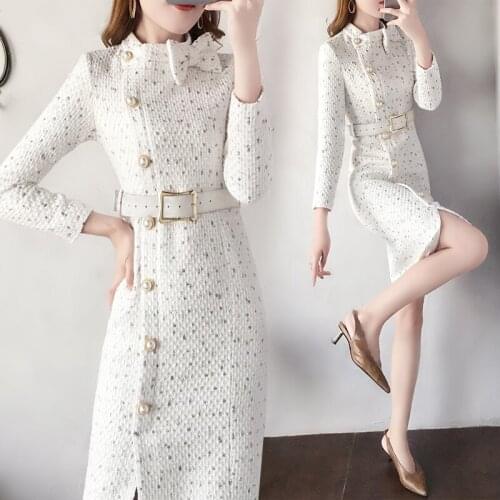 Autumn Winter Tweed Dress Female Long sleeve Slim Pocket Women Elegant Single-breasted Beading Pearl Casual Woolen Trench Dress