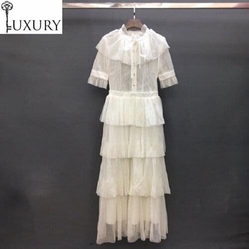New Top 2020 Quality Summer Evening Vestidos Women Golden Dot Mesh Short Sleeve Cascading Ruffle Long Party Events Dresses