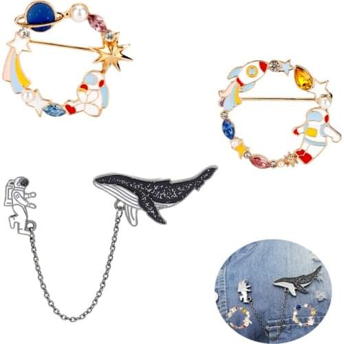Cartoon Astronaut Whales Enamel Spacecraft Sun Brooches Lapel Pins Badges Women Men Fashion Creative Jewelry Pins Kids Gift
