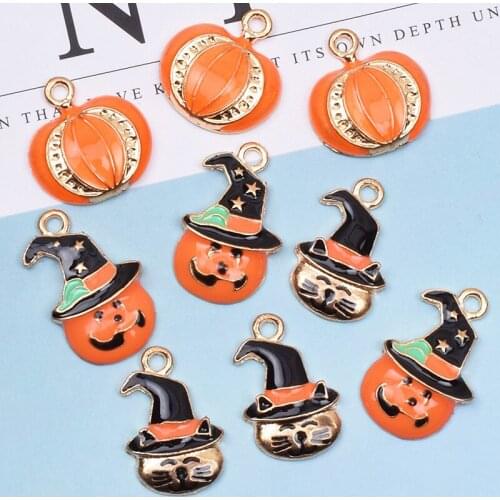 10PCS/lot Halloween Theme Dripping oil Funny Pumpkin Cat Head Pendant Dair Accessories Bracelet Necklace DIY Alloy Handmade