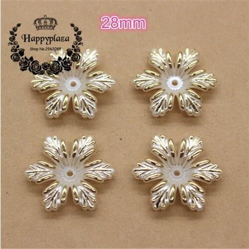 50pcs 28mm Resin ABS Ivory Golden Flower Imtation Pearl Beads Flatback Cabochon DIY Jewelry Craft Scrapbooking