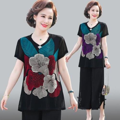 5XL Plus Size Ladies Suit Summer Clothes Middle-Aged Elderly Mother Summer Set Printed T-Shirt Top + Wide Leg Pants 2 Piece Set
