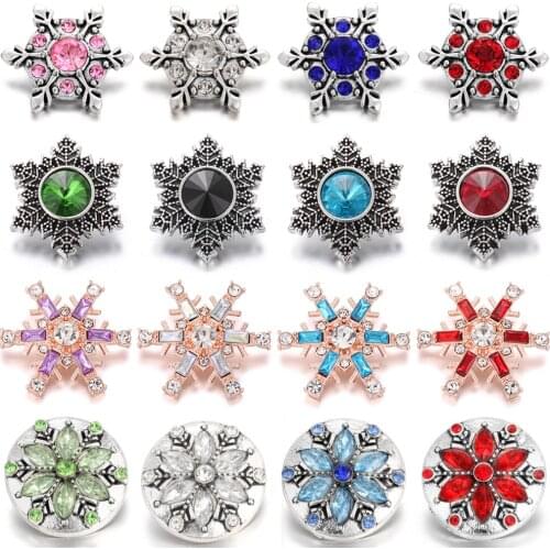6pcs/lot New Christmas Snap Jewelry 18mm Snap Buttons Rhinestone Snowflake Snaps Buttons Fit Metal Leather 18mm Snap Bracelet