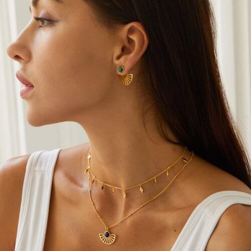 703FORTUNE S925 silver fan-shaped hollow earrings natural malachite classical art detachable combination earrings for women