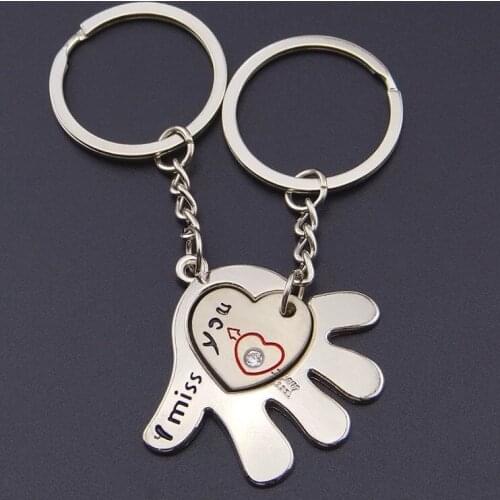 FREE SHIPPING by FEDEX 100pairs/lot 2019 New Metal Hand Shaped Couple Keychains Metal Heart Keyrings for Lovers Gifts I Miss You