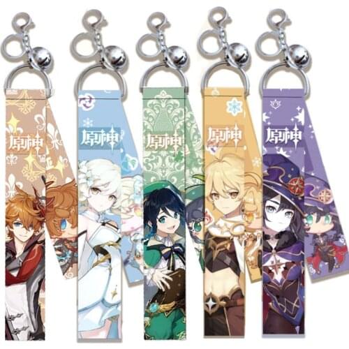 Genshin Impact Keychain Lanyard Strap Keychain Keyring Cartoon Figure Ribbon Hanging Key Chain Girl Boys Backpack Key Rings