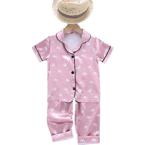 Childrens Pajamas Set Baby Suit Kids Clothes Toddler Girls Pink Ice Silk Satin Printing Tops Pants Set Home Wear 2Pcs