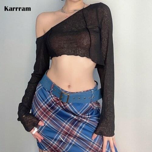 Karrram Sexy Irregular Crop Top Women Skew Collar Long Sleeve Mesh Tops See Through Off Shoulder T Shirts Clubwear Translucent