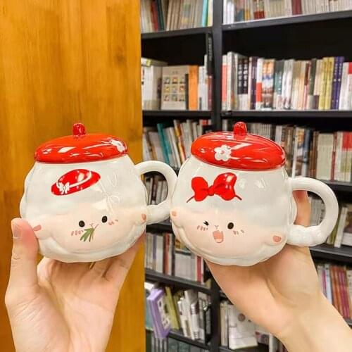 Korean Style Cute Ceramic Mugs With Red Hat Cover Lovely Water Bottle Tea Coffee Milk Breakfast Fresh Cup