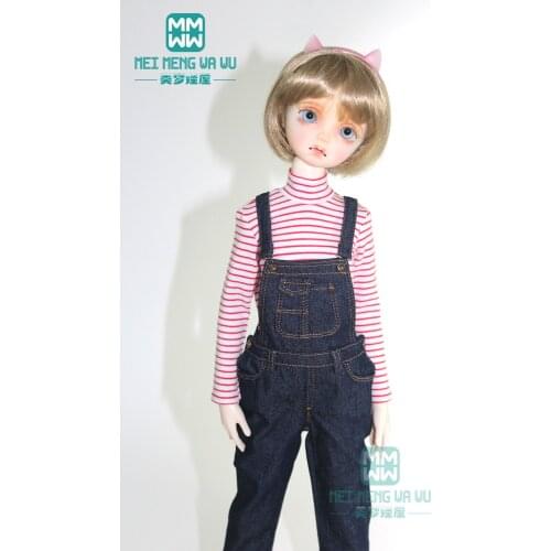 Clothes for doll pink striped T-shirt, denim strap pants for 43cm 1/4 BJD MSD doll accessories