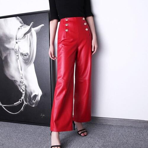 Autumn New Designer Womens High-rise leather Wide-leg pants Hot Fashion Double-breasted leather pants C058