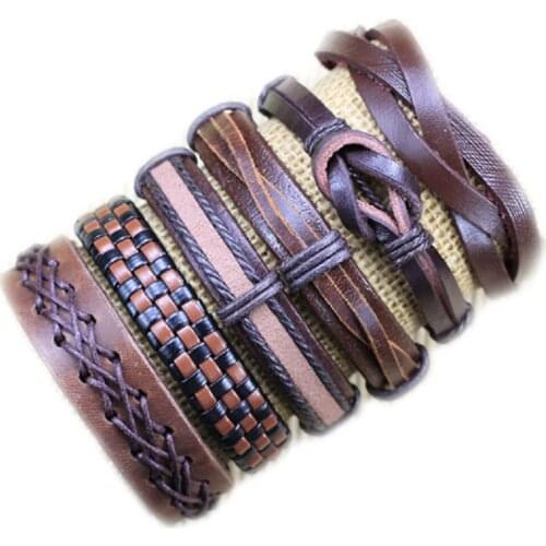 ZotatBele Punk braided genuine leather bracelet 6pcs/set brown ethnic tribal wristband handmade wrap bangles men S34