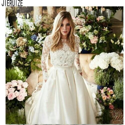 JIERUIZE Romantic Two Pieces Wedding Dresses O Neck Long Sleeves Zipper Back Appliques Pockets Bridal Gowns vestido de noiva
