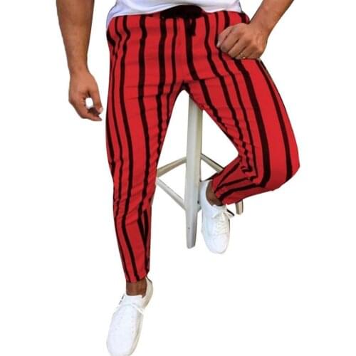 Chic Men Sweatpants Vertical Stripes Print Drawstring Skinny Pencil Pants Sports Trousers костюм мужской 2021 Daily wear