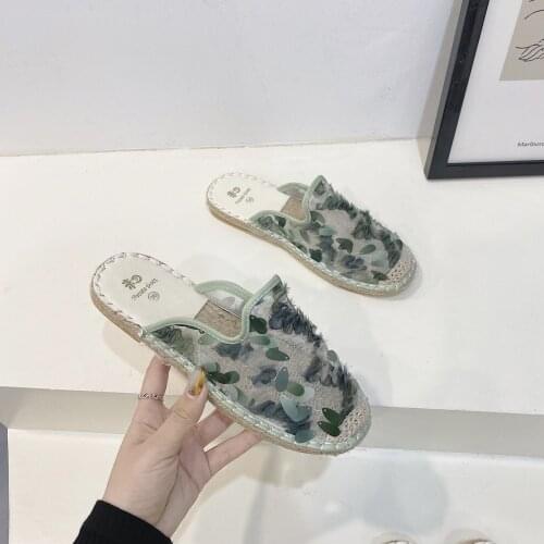Mesh Bling Half Slippers Women Mules Fish Scales Slides Woman Shoes Hemp Flat Heel Shoes Women Cotton Fabric Shoes