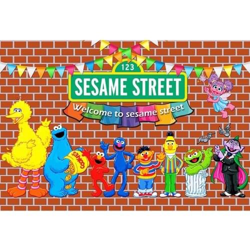 Sesame Street Background For Photography Cartoon Character Colourful Flag Backdrop For Baby Shower Kids Birthday Party Decortion