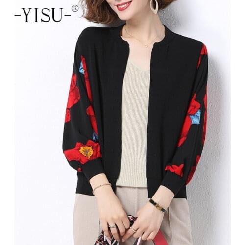 YISU 2020 Autumn Winter Fashion Sweater Cardigan Women Knitted Printed sweater Coat Casual Long sleeve O-neck Cardigan Women