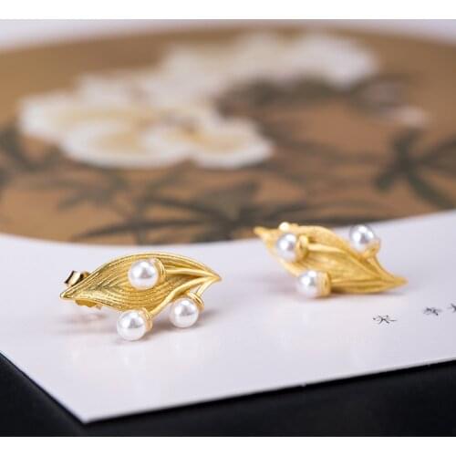 VLA 925 Silver Simple Lovely Berry Earrings Womens Creative Natural Fresh Water Pearl Leaf Earrings Birthday Gift