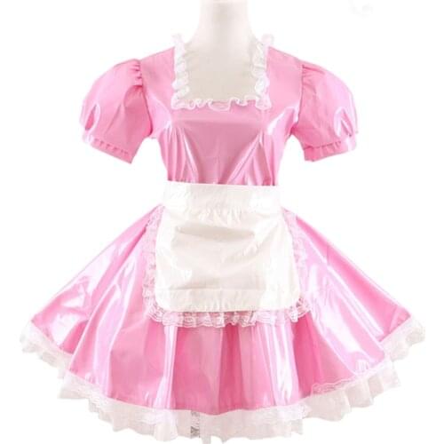 Sissy Maid PVC Dress Pink Uniform Coaplay Costume Leather Body Suits For Women