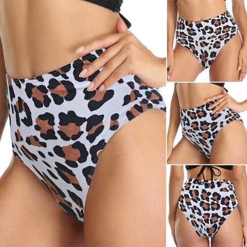 Women High Waist Bikini Bottoms Sexy Slim Conservative Leopard Swim Trunks Leopard Print
