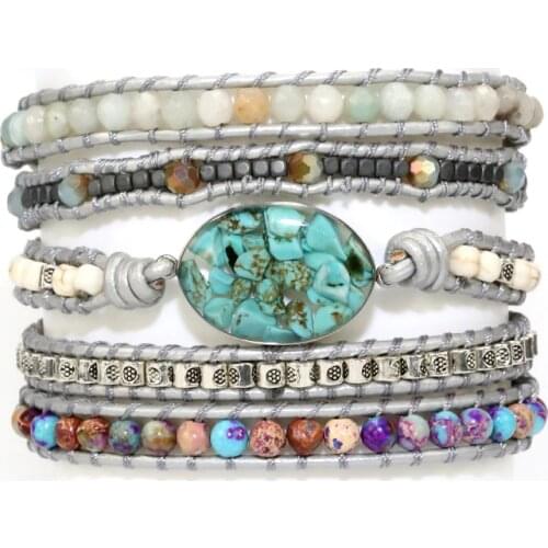 New Unique Mixed Natural Stones Charm 5 Strands Wrap Bracelets for women Handmade Boho Bracelet Leather Bracelet gift jewelry