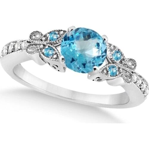 Womens Aquamarine Diamond Ring Diamond Butterfly Ring Standard Silver Engagement Ring Wedding Rings Promise Rings