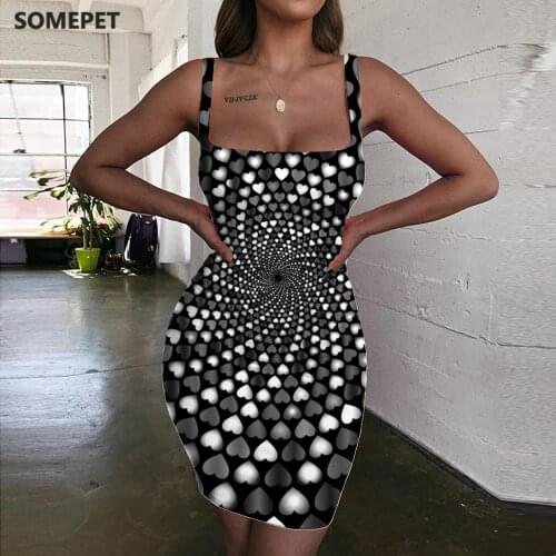 SOMEPET Dizziness Dress Women Love Vestido Sexy Black And White Ladies Dresses Abstract Halter Sleeveless Psychedelic Sundress